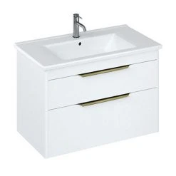 Britton Shoreditch 850mm Wall-Hung Double Drawer Vanity Unit with Brass Handles - Matt White