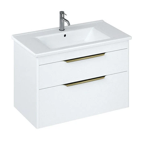 Britton Shoreditch 850mm Wall-Hung Double Drawer Vanity Unit with Brass Handles - Matt White 3 Britton Shoreditch 850mm Wall-Hung Double Drawer Vanity Unit with Brass Handles - Matt White