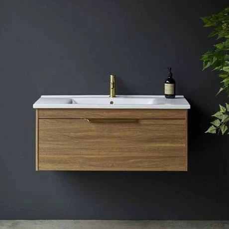 Britton Shoreditch 850mm Wall-Hung Single Drawer Vanity Unit with Brass Handle - Caramel 6 Britton Shoreditch 850mm Wall-Hung Single Drawer Vanity Unit with Brass Handle - Caramel - Image 4