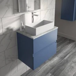 Hudson Reed Urban 600mm Satin Blue Vanity Unit - Wall Hung 2 Drawer Unit with Grey Worktop -Wall Hung Vanity Units Shop URB304LBG D1 460