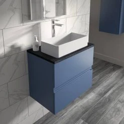 Hudson Reed Urban 600mm Satin Blue Vanity Unit - Wall Hung 2 Drawer Unit with Black Worktop -Wall Hung Vanity Units Shop URB304LSB D1 460