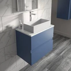 Hudson Reed Urban 600mm Satin Blue Vanity Unit - Wall Hung 2 Drawer Unit with White Worktop -Wall Hung Vanity Units Shop URB304LSW D1 460