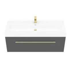 Valencia 1200 Gloss Grey Minimalist Wall Hung Vanity Unit with Brass Handle -Wall Hung Vanity Units Shop V12GWHBB d2 460