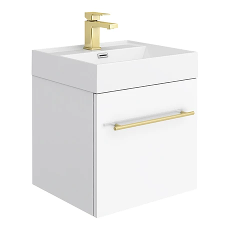 Valencia 450 Gloss White Minimalist Wall Hung Vanity Unit with Brass Handle 3 Valencia 450 Gloss White Minimalist Wall Hung Vanity Unit with Brass Handle