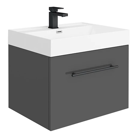 Valencia 600 Gloss Grey Minimalist Wall Hung Vanity Unit with Matt Black Handle 3 Valencia 600 Gloss Grey Minimalist Wall Hung Vanity Unit with Matt Black Handle