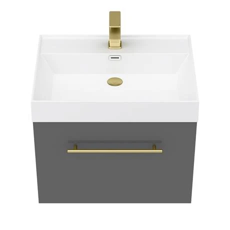 Valencia 600 Gloss Grey Minimalist Wall Hung Vanity Unit with Brass Handle 7 Valencia 600 Gloss Grey Minimalist Wall Hung Vanity Unit with Brass Handle - Image 5