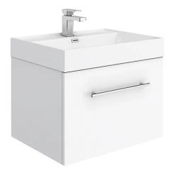 Valencia 600 Gloss White Minimalist Wall Hung Vanity Unit with Chrome Handle