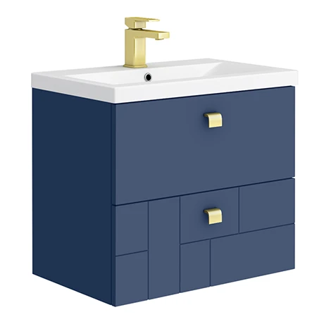 Venice Abstract 600mm Blue Vanity Unit - Wall Hung 2 Drawer Unit with Brushed Brass Square Drop Handles 3 Venice Abstract 600mm Blue Vanity Unit - Wall Hung 2 Drawer Unit with Brushed Brass Square Drop Handles