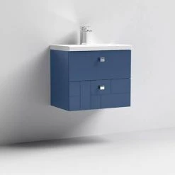 Venice Abstract 600mm Blue Vanity Unit - Wall Hung 2 Drawer Unit with Chrome Square Drop Handles -Wall Hung Vanity Units Shop VAWH600BLU D1 460
