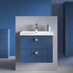 Venice Abstract 600mm Blue Vanity Unit - Wall Hung 2 Drawer Unit with Chrome Square Drop Handles -Wall Hung Vanity Units Shop VAWH600BLU d5 460