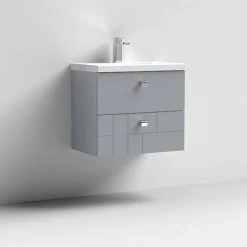 Venice Abstract 600mm Grey Vanity Unit - Wall Hung 2 Drawer Unit with Chrome Square Drop Handles -Wall Hung Vanity Units Shop VAWH600GRY D1 460