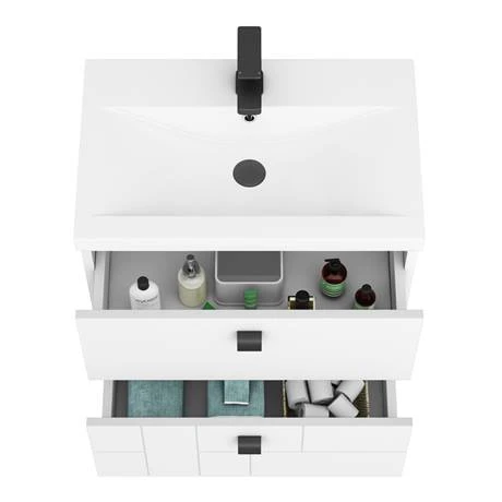 Venice Abstract 600mm White Vanity Unit - Wall Hung 2 Drawer Unit with Matt Black Square Drop Handles 7 Venice Abstract 600mm White Vanity Unit - Wall Hung 2 Drawer Unit with Matt Black Square Drop Handles - Image 5