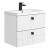 Venice Abstract 600mm White Vanity Unit - Wall Hung 2 Drawer Unit with Matt Black Square Drop Handles -Wall Hung Vanity Units Shop VAWH600WHIBLK n p