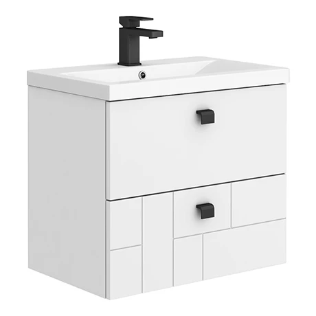 Venice Abstract 600mm White Vanity Unit - Wall Hung 2 Drawer Unit with Matt Black Square Drop Handles 3 Venice Abstract 600mm White Vanity Unit - Wall Hung 2 Drawer Unit with Matt Black Square Drop Handles