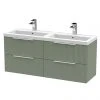 Venice Fluted 1205mm Satin Green 4 Drawer Double Basin Vanity Unit & Chrome Handles -Wall Hung Vanity Units Shop VF1200SGBVU M
