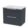 Venice Fluted 600mm Anthracite Vanity Unit - Wall Hung 2 Drawer Unit with Bellato Grey Worktop & Chrome Handles -Wall Hung Vanity Units Shop VFBA6BGWT M