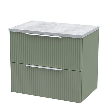 Venice Fluted 600mm Green Vanity Unit - Wall Hung 2 Drawer Unit with Bellato Grey Worktop & Chrome Handles 3 Venice Fluted 600mm Green Vanity Unit - Wall Hung 2 Drawer Unit with Bellato Grey Worktop & Chrome Handles