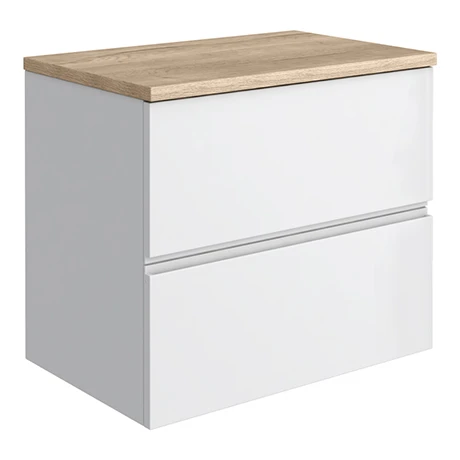 Venice Linea 600mm Satin White Vanity - Wall Hung 2 Drawer Unit with Rustic Oak Worktop 3 Venice Linea 600mm Satin White Vanity - Wall Hung 2 Drawer Unit with Rustic Oak Worktop