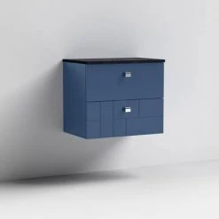 Venice Abstract 600mm Blue Vanity Unit - Wall Hung 2 Drawer Unit with Black Worktop & Chrome Handles -Wall Hung Vanity Units Shop VWH6BLUBLK D1 460