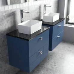 Venice Abstract 600mm Blue Vanity Unit - Wall Hung 2 Drawer Unit with Black Worktop & Chrome Handles -Wall Hung Vanity Units Shop VWH6BLUBLK D2 460