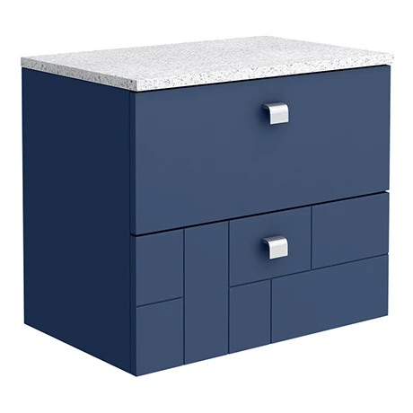 Venice Abstract 600mm Blue Vanity Unit - Wall Hung 2 Drawer Unit with White Worktop & Chrome Handles 3 Venice Abstract 600mm Blue Vanity Unit - Wall Hung 2 Drawer Unit with White Worktop & Chrome Handles