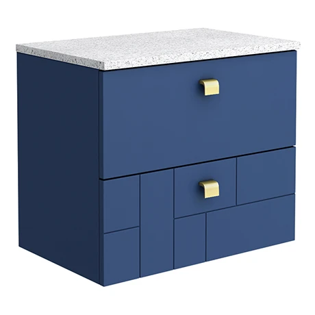 Venice Abstract 600mm Blue Vanity Unit - Wall Hung 2 Drawer Unit with White Worktop & Brushed Brass Handles 3 Venice Abstract 600mm Blue Vanity Unit - Wall Hung 2 Drawer Unit with White Worktop & Brushed Brass Handles