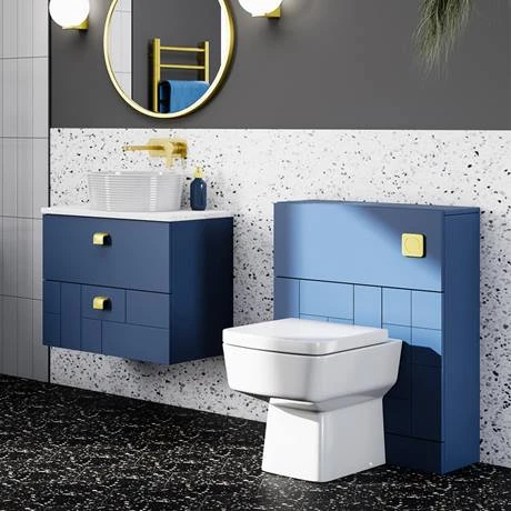 Venice Abstract 600mm Blue Vanity Unit - Wall Hung 2 Drawer Unit with White Worktop & Brushed Brass Handles 6 Venice Abstract 600mm Blue Vanity Unit - Wall Hung 2 Drawer Unit with White Worktop & Brushed Brass Handles - Image 4