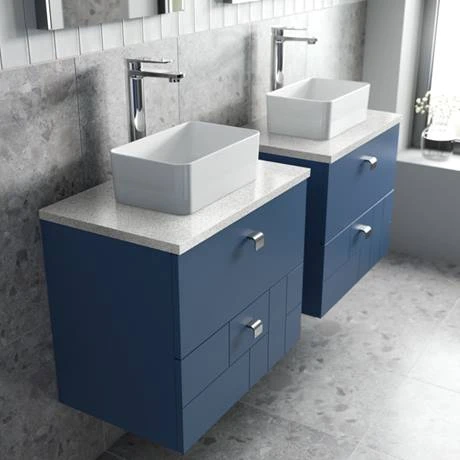 Venice Abstract 600mm Blue Vanity Unit - Wall Hung 2 Drawer Unit with White Worktop & Chrome Handles 6 Venice Abstract 600mm Blue Vanity Unit - Wall Hung 2 Drawer Unit with White Worktop & Chrome Handles - Image 4
