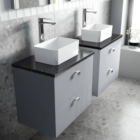 Venice Abstract 600mm Grey Vanity Unit - Wall Hung 2 Drawer Unit with Black Worktop & Chrome Handles 6 Venice Abstract 600mm Grey Vanity Unit - Wall Hung 2 Drawer Unit with Black Worktop & Chrome Handles - Image 4