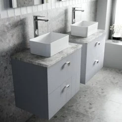 Venice Abstract 600mm Grey Vanity Unit - Wall Hung 2 Drawer Unit with Grey Worktop & Chrome Handles -Wall Hung Vanity Units Shop VWH6GREGRE D2 460