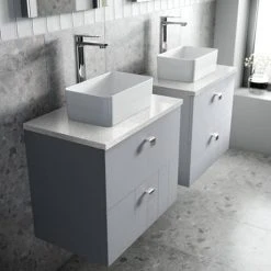 Venice Abstract 600mm Grey Vanity Unit - Wall Hung 2 Drawer Unit with White Worktop & Chrome Handles -Wall Hung Vanity Units Shop VWH6GREWHI D2 460