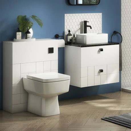 Venice Abstract 600mm White Vanity - Wall Hung 2 Drawer Unit with Black Worktop & Matt Black Handles 7 Venice Abstract 600mm White Vanity - Wall Hung 2 Drawer Unit with Black Worktop & Matt Black Handles - Image 5