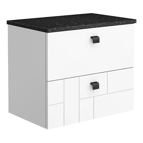 Venice Abstract 600mm White Vanity - Wall Hung 2 Drawer Unit with Black Worktop & Matt Black Handles 3 Venice Abstract 600mm White Vanity - Wall Hung 2 Drawer Unit with Black Worktop & Matt Black Handles