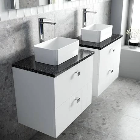 Venice Abstract 600mm White Vanity Unit - Wall Hung 2 Drawer Unit with Black Worktop & Chrome Handles 6 Venice Abstract 600mm White Vanity Unit - Wall Hung 2 Drawer Unit with Black Worktop & Chrome Handles - Image 4