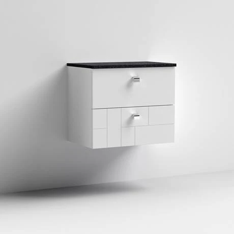 Venice Abstract 600mm White Vanity Unit - Wall Hung 2 Drawer Unit with Black Worktop & Chrome Handles 5 Venice Abstract 600mm White Vanity Unit - Wall Hung 2 Drawer Unit with Black Worktop & Chrome Handles - Image 3