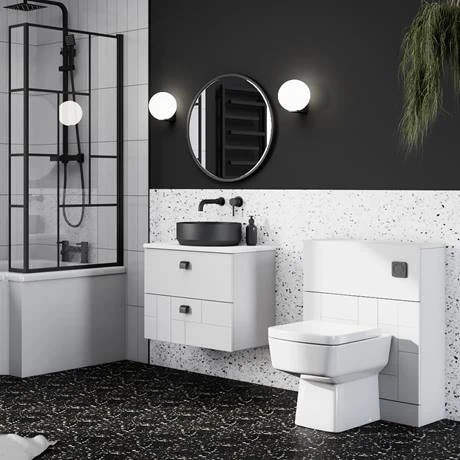 Venice Abstract 600 White Vanity - Wall Hung 2-Drawer Unit w. White Worktop, Round Matt Black Basin & Handles 8 Venice Abstract 600 White Vanity - Wall Hung 2-Drawer Unit w. White Worktop, Round Matt Black Basin & Handles - Image 6