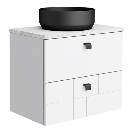 Venice Abstract 600 White Vanity - Wall Hung 2-Drawer Unit w. White Worktop, Round Matt Black Basin & Handles 3 Venice Abstract 600 White Vanity - Wall Hung 2-Drawer Unit w. White Worktop, Round Matt Black Basin & Handles
