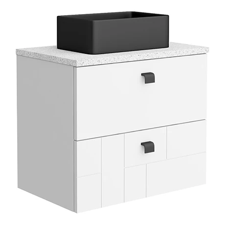 Venice Abstract 600 White Vanity - Wall Hung 2-Drawer Unit w. White Worktop, Rectangular Matt Black Basin & Handles 3 Venice Abstract 600 White Vanity - Wall Hung 2-Drawer Unit w. White Worktop, Rectangular Matt Black Basin & Handles