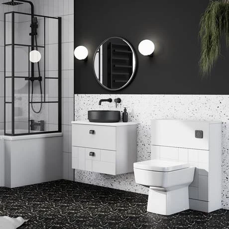 Venice Abstract 600mm White Vanity - Wall Hung 2 Drawer Unit with White Worktop & Matt Black Handles 7 Venice Abstract 600mm White Vanity - Wall Hung 2 Drawer Unit with White Worktop & Matt Black Handles - Image 5